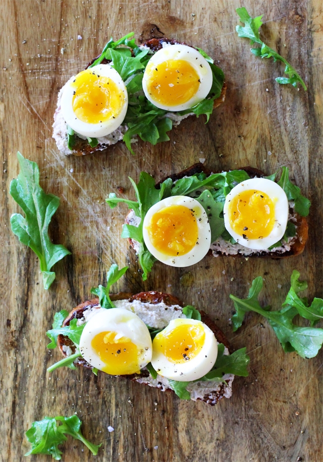 Walnut Ricotta Crostini with Arugula and Soft-Boiled Eggs