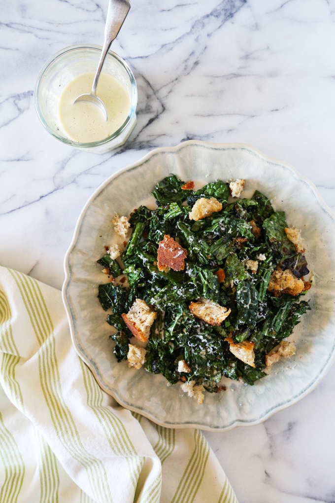 Grilled Kale Caesar with Torn Croutons