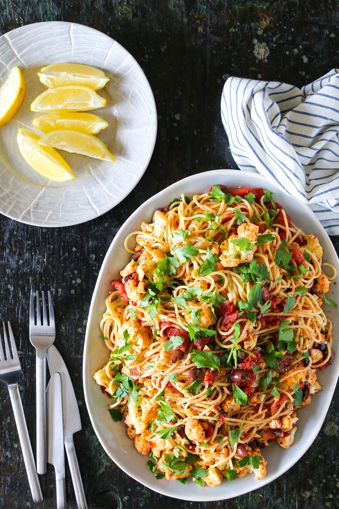 Pasta Puttanesca with Roasted Cauliflower