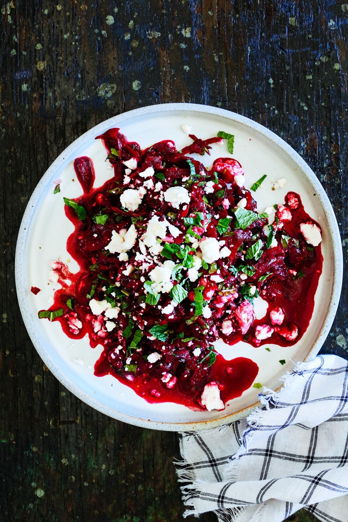 Raw Carrot and Beet Salad with Feta, Mint and Harissa