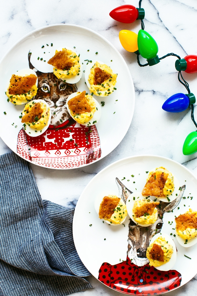 Mustard Deviled Eggs with Crispy Chicken Skin