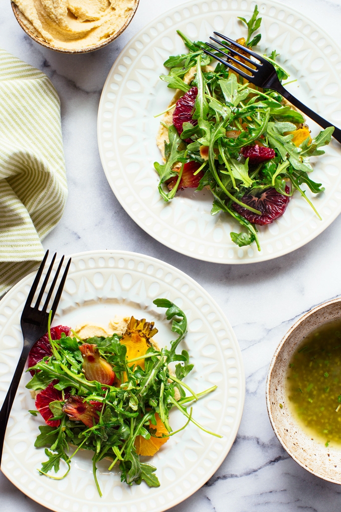 Arugula Salad with Hummus, Oranges and Roasted Beets