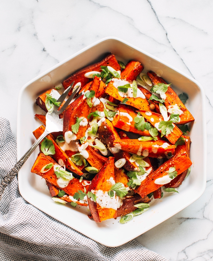 Roasted Sweet Potatoes with Honey, Smoked Paprika and Lime Yogurt