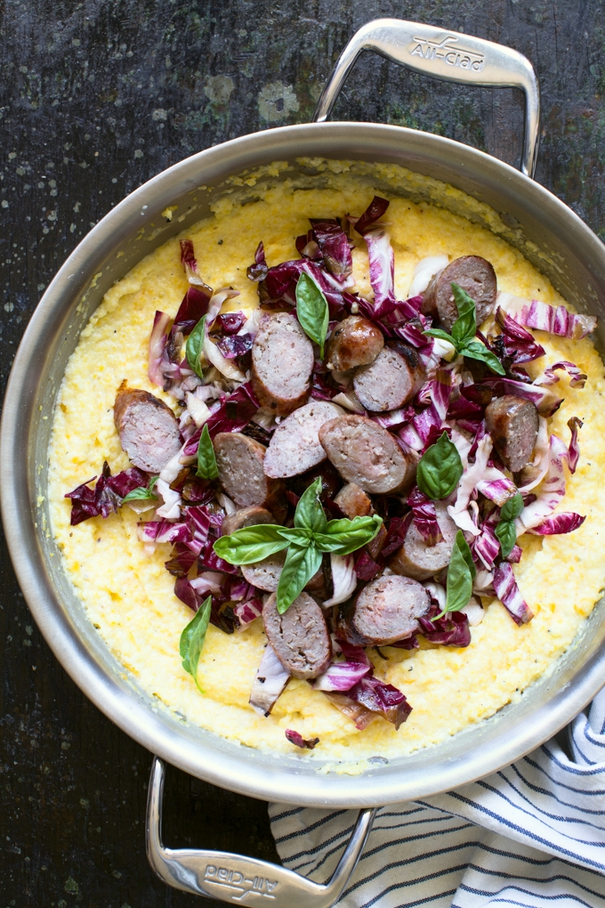 Baked Cheddar Polenta with Grilled Bratwurst and Radicchio