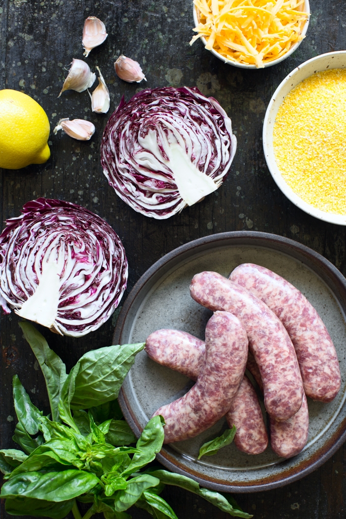 Baked Cheddar Polenta with Grilled Bratwurst and Radicchio Ingredients