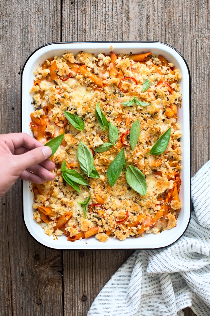 Baked Penne Vodka with Chiles and Basil Breadcrumbs