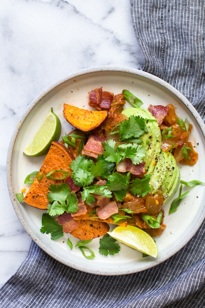 Roasted Sweet Potatoes with Kimchi, Bacon and Avocado