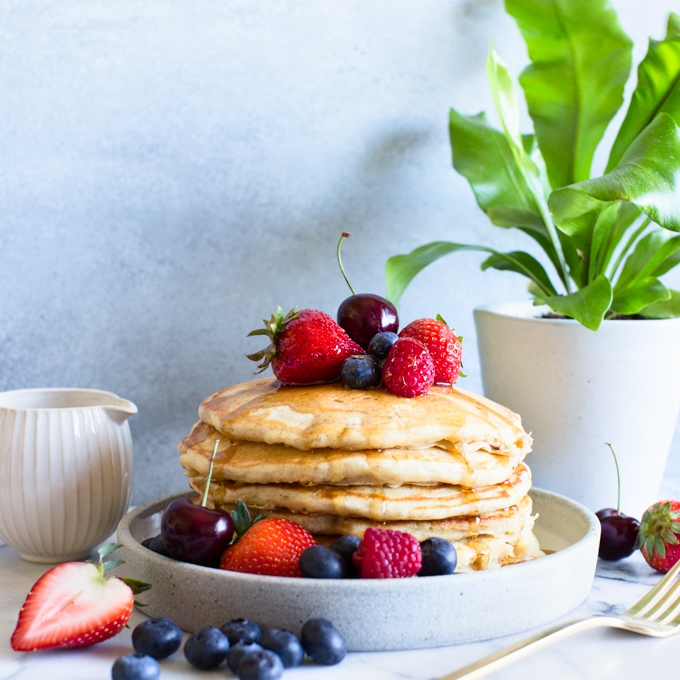 Cinnamon Yogurt Pancakes with Berries & Cherries