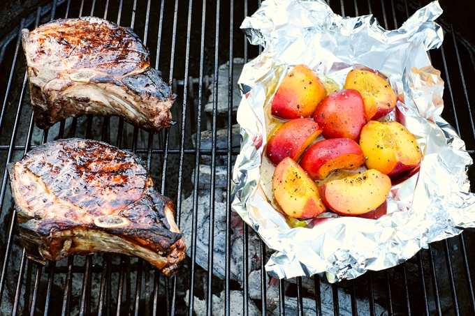 Grilling Pork Chops and Peaches