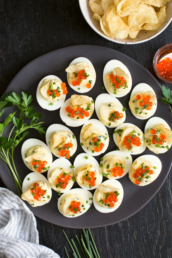 Deviled Eggs with Caviar and Potato Chips