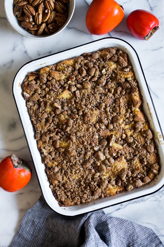 Breakfast Bread Pudding with Pecan Crumble Topping