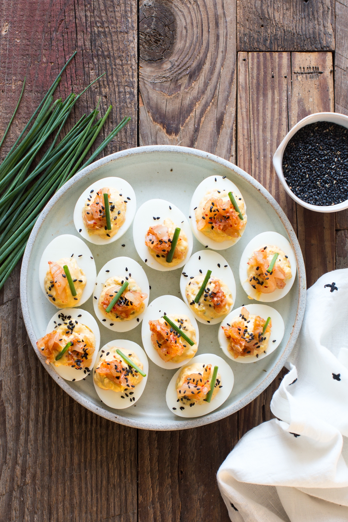 Toasted Sesame and Kimchi Deviled Eggs