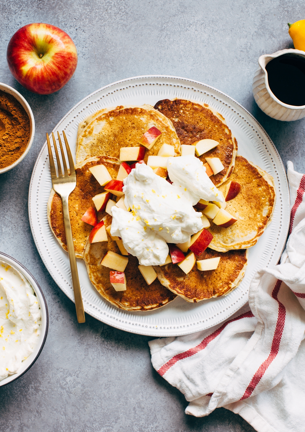 Cinnamon Pancakes with Apples and Meyer Lemon Whipped Cream