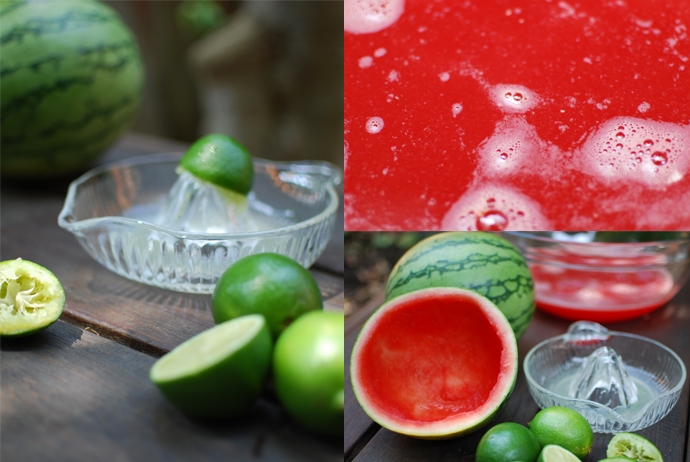 Watermelon Sorbet 2 limes, juiced limes, watermelon juice, watermelons, hollow watermelons, juicer