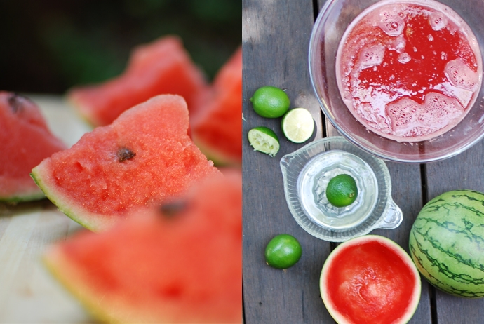 watermelon sorbet, limes, juiced limes, watermelon, watermelon juice, hollow watermelon