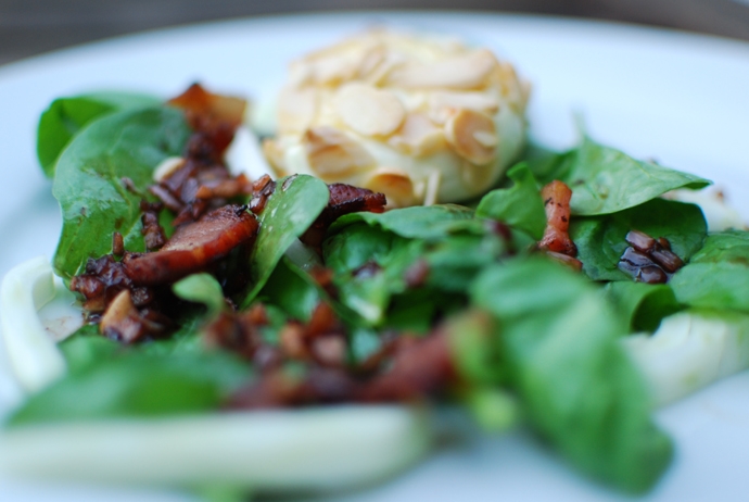 Warm Spinach Salad with Cherry Pancetta Vinaigrette