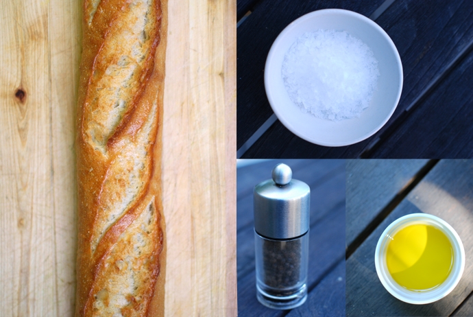 French Baguette, Flaky Sea Salt, Black Pepper and Extra Virgin Olive Oil