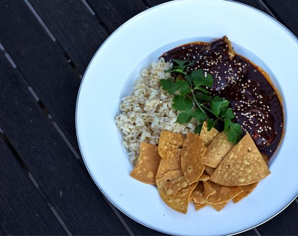 Slow Cooker Mole with Grilled Chicken, Rice and Chips