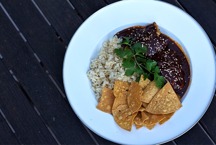 Slow Cooker Mole with Grilled Chicken, Rice and Chips