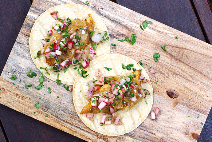 Cornmeal Crusted Fish Tacos with Rhubarb Salsa