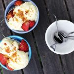 Goat Cheese Ice Cream with Fried Bread Crumbs and Balsamic Strawberries