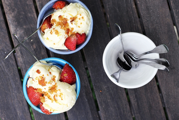 Goat Cheese Ice Cream with Fried Bread Crumbs and Balsamic Strawberries