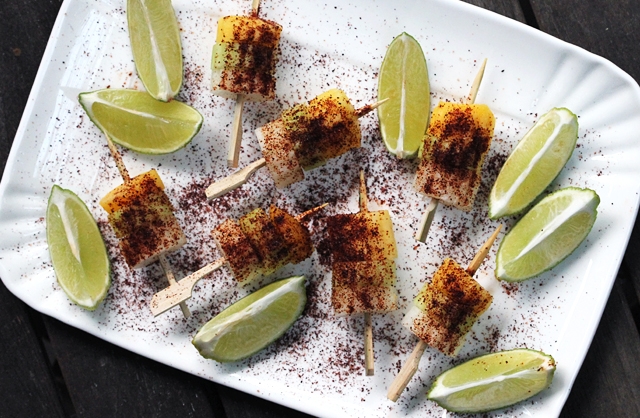 Jicama, Cucumber, Mango Skewers with Chile and Lime