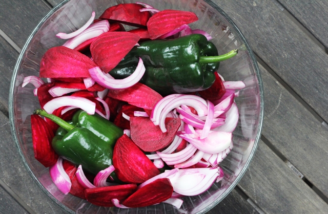 Beets, Sliced Red Onion and Poblanos