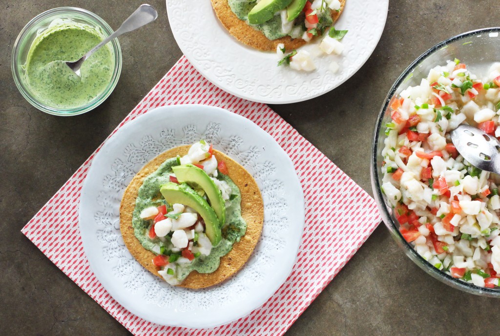 Ceviche Tostadas with Cilantro Cream