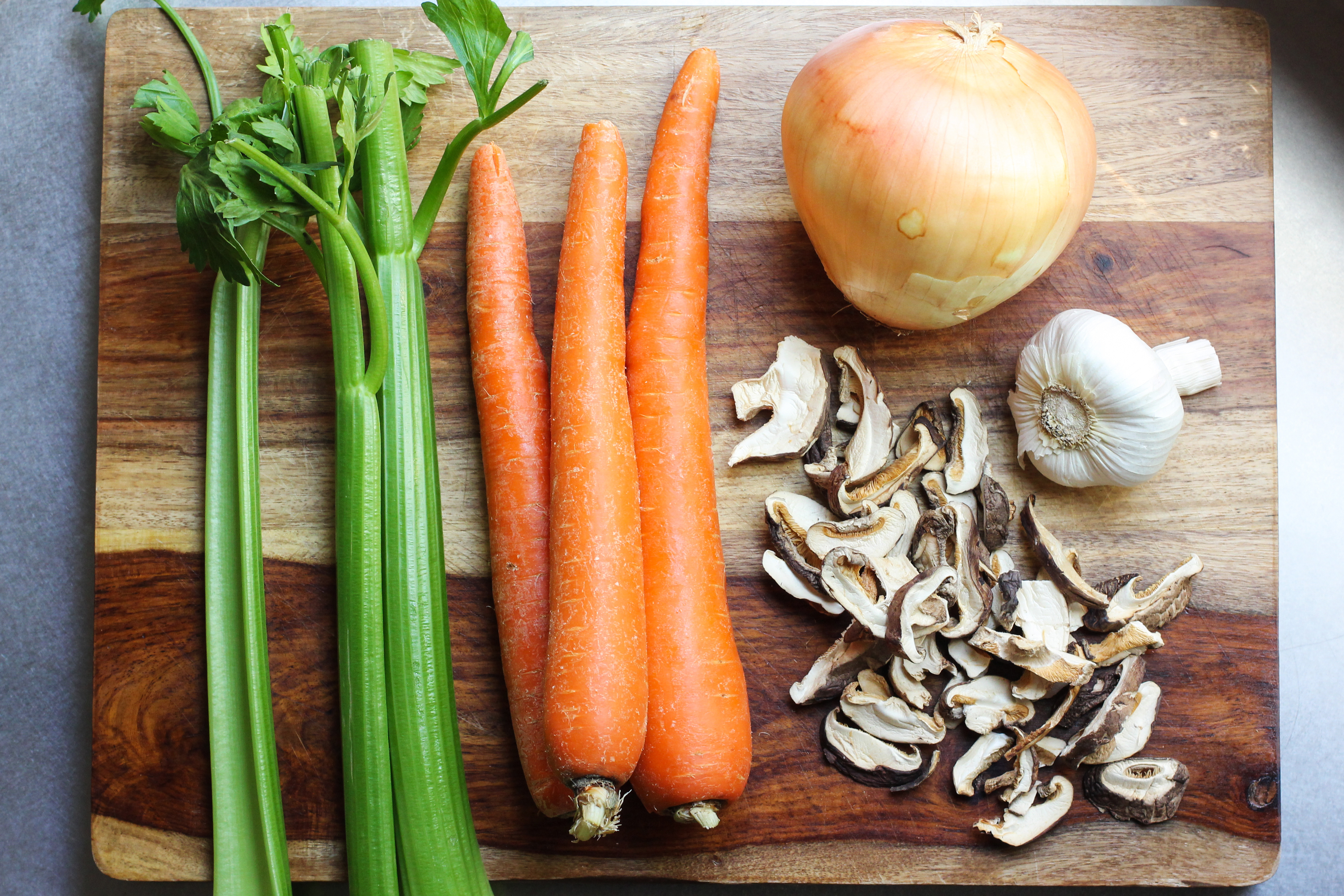 Celery, Carrots, Dried Shiitakes, Onion and Garlic