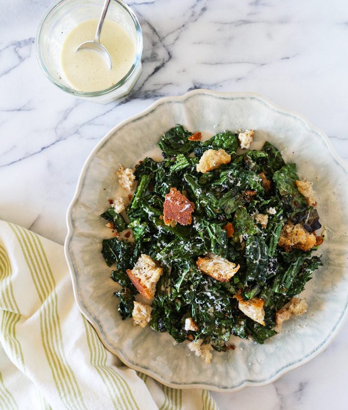 Grilled Kale Caesar with Torn Croutons