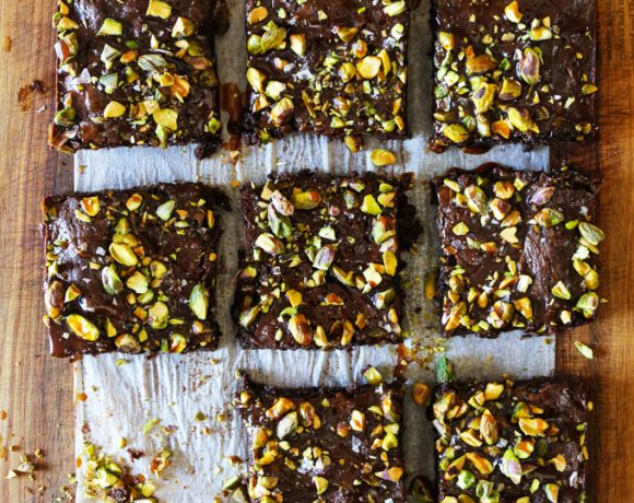 Dark Chocolate and Pistachio Brownies with Salted Caramel