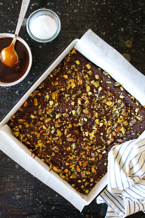 Dark Chocolate and Pistachio Brownies with Salted Caramel