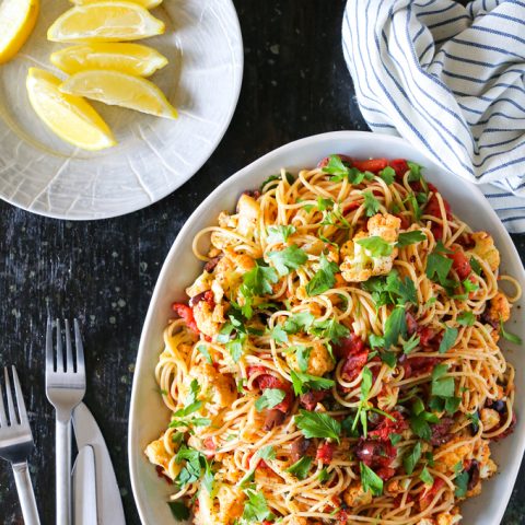 Pasta Puttanesca with Roasted Cauliflower