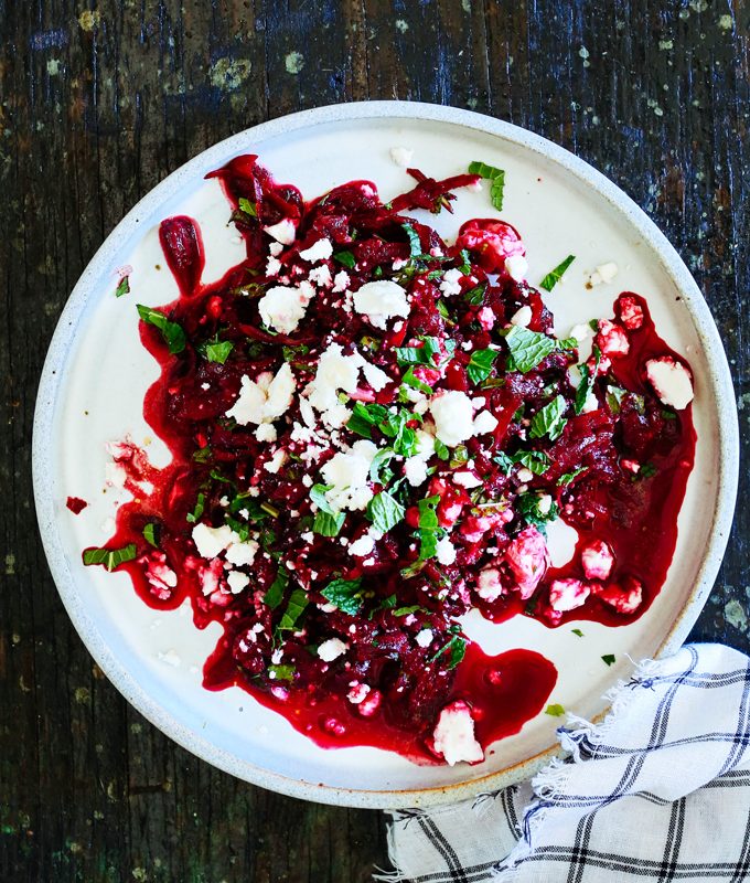 Raw Carrot and Beet Salad with Feta, Mint and Harissa