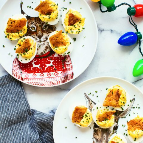 Mustard Deviled Eggs with Crispy Chicken Skin