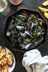 Grilled Mussels with White Wine, Fried Garlic and Herbs