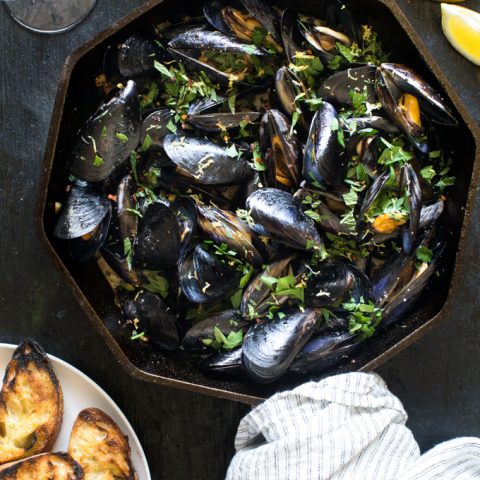 Grilled Mussels with White Wine, Fried Garlic and Herbs