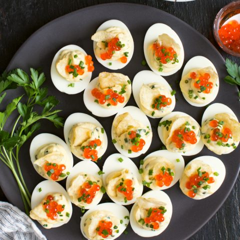 Deviled Eggs with Caviar and Potato Chips