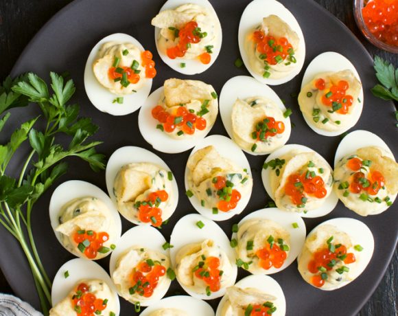 Deviled Eggs with Caviar and Potato Chips