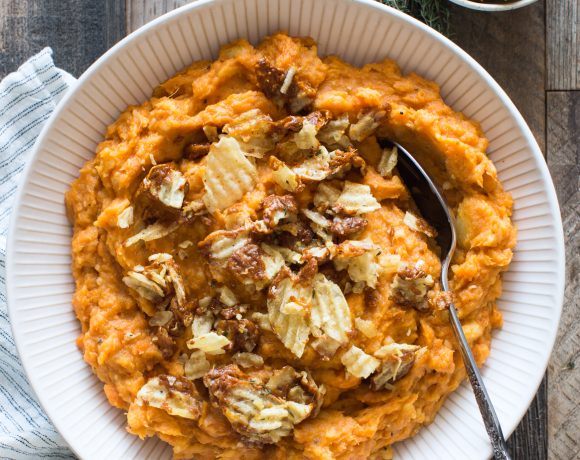 Maple Mashed Sweet Potatoes with Potato Chip Crunch Topping