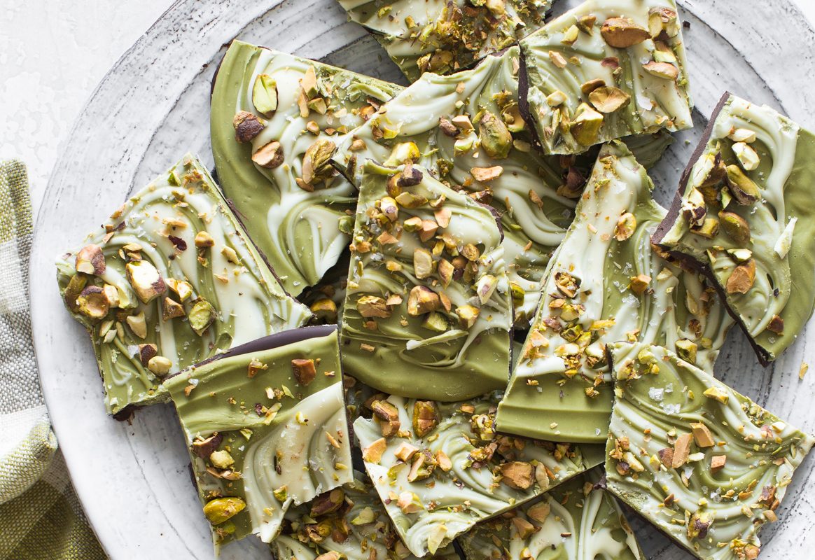 Double Chocolate Matcha Bark with Toasted Pistachios
