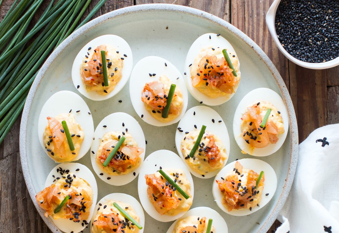 Toasted Sesame and Kimchi Deviled Eggs