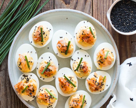 Toasted Sesame and Kimchi Deviled Eggs