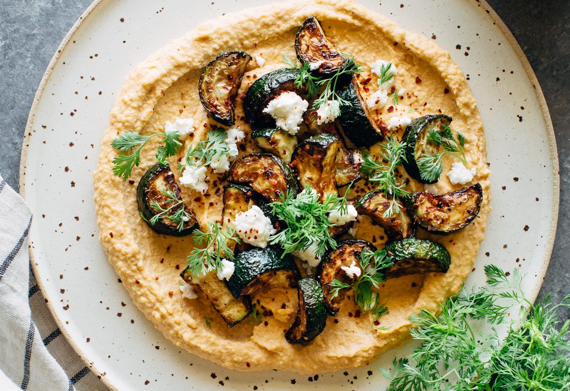 Pan-Seared Zucchini with Harissa Hummus