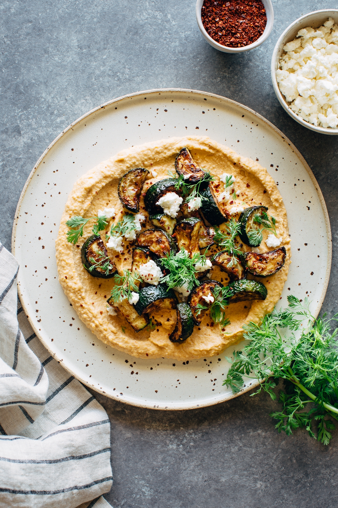 Pan-Seared Zucchini with Harissa Hummus