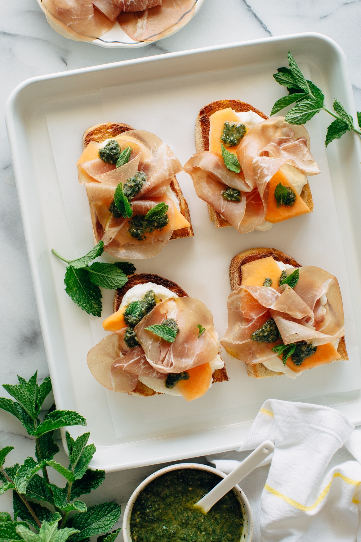 Melon and Prosciutto Toast with Mint Pesto