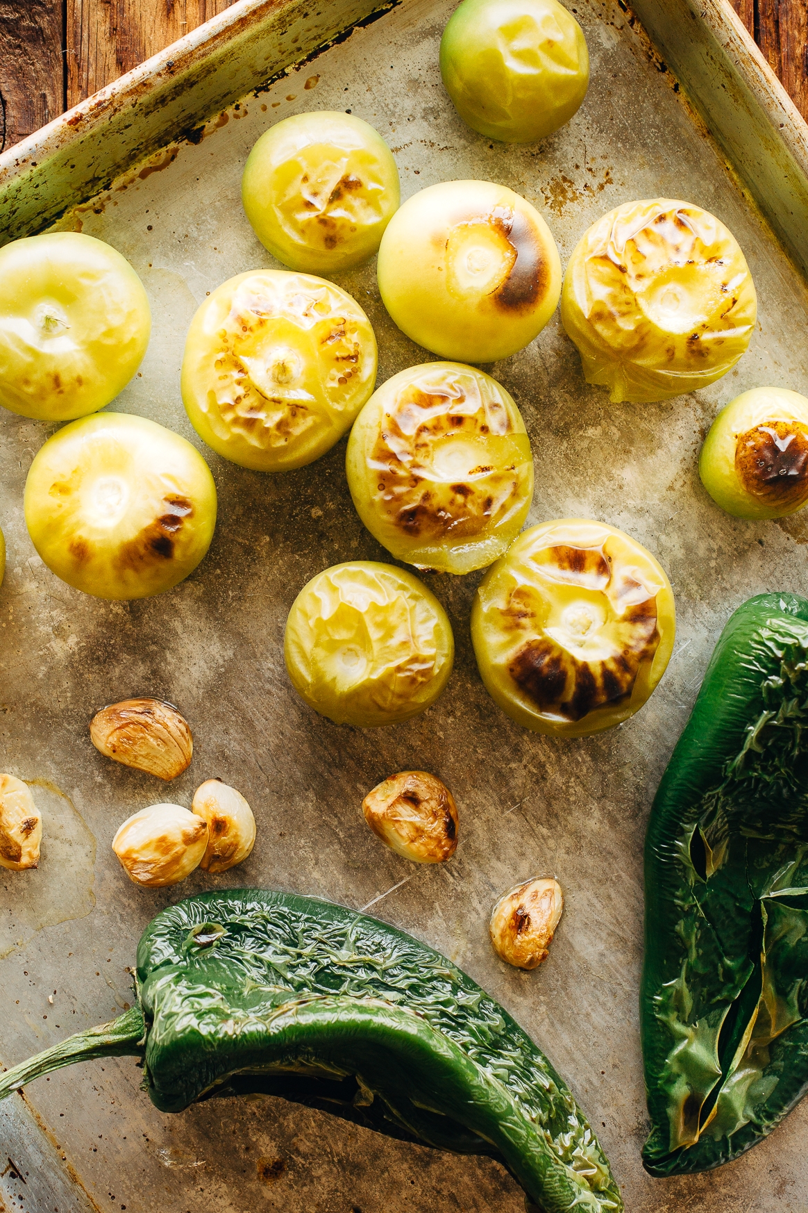 Roasted Tomatillos, Poblano Chiles and Garlic