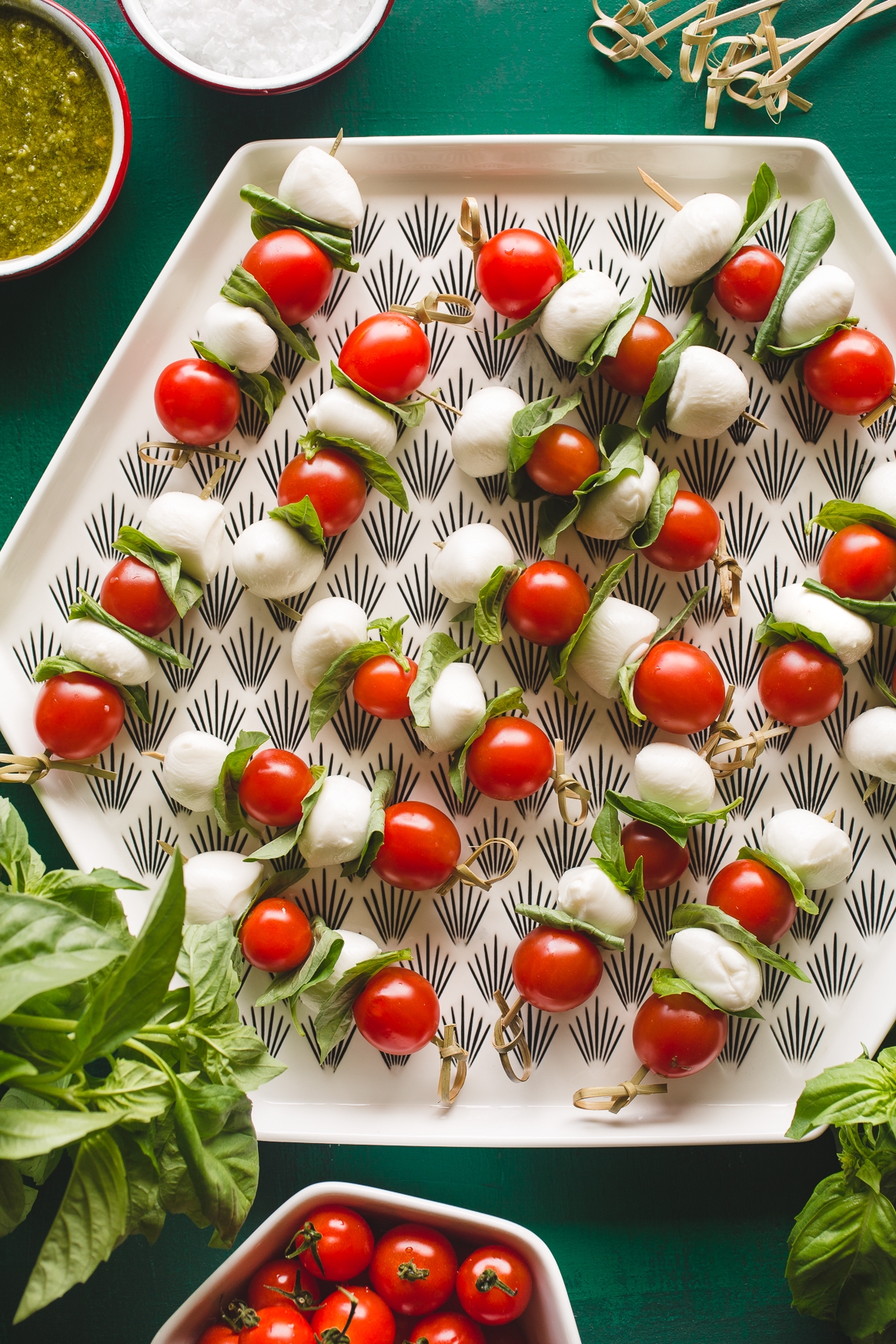 Caprese Skewers on a platter