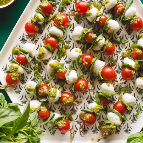 Caprese Skewers on a platter